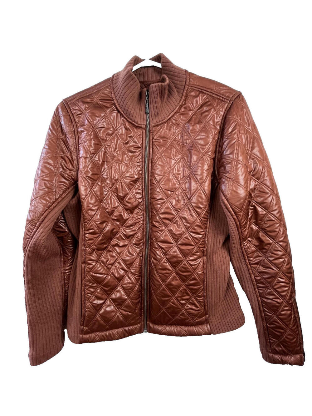 PRANA ELSA Womens Quilted Bomber Jacket Large Copper Sherpa Lined Zip Cozy